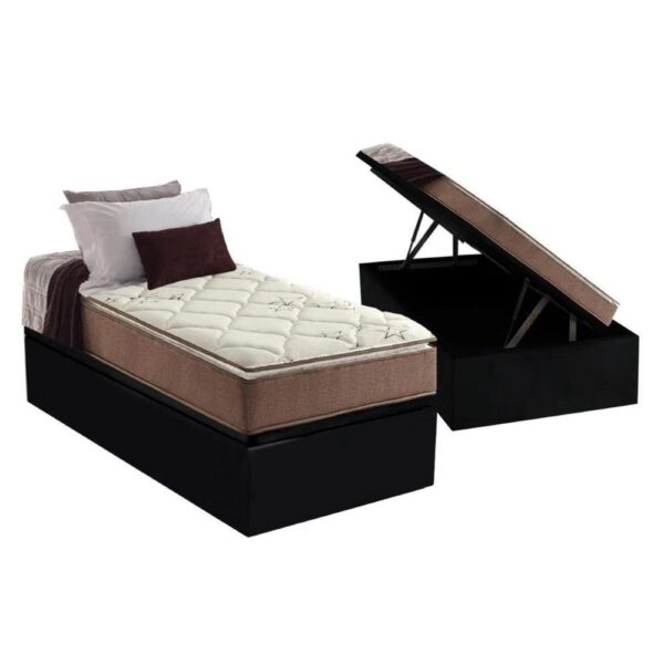 Colchão Solteiro Star Pillow In + Base Box Baú Corino Preto – ANJOS COLCHÕES + BIOSTAR