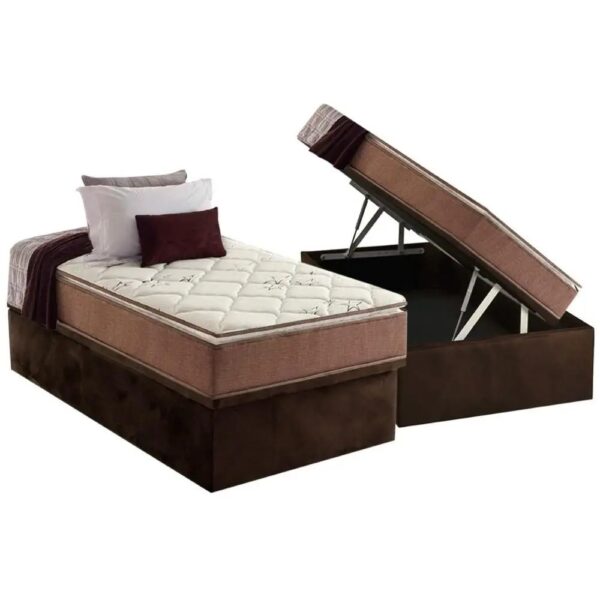 Colchão Solteiro Star Pillow In + Base Box Baú Corino Marrom – ANJOS COLCHÕES + BIOSTAR