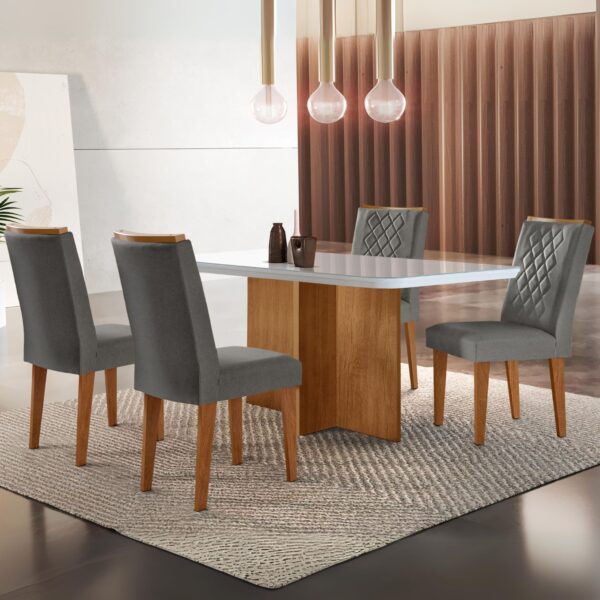 Mesa Berlim 120 Canto Copo Imbuia/Off White com 4 Cadeiras Jade Linho Grafite – RUFATO