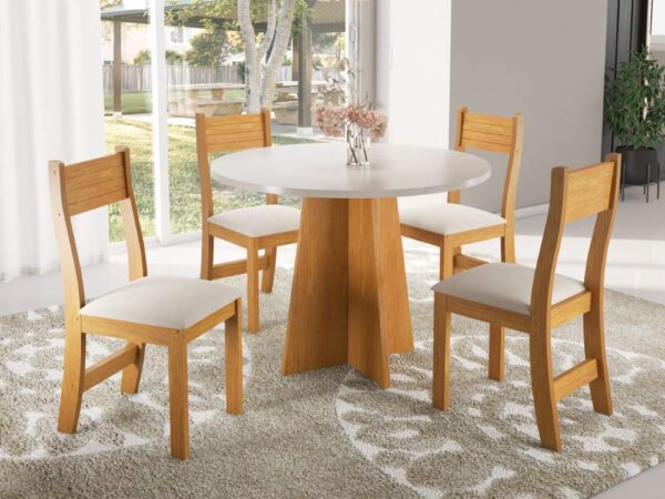 Mesa de Jantar Flipp Circular 0.90 Com 4 Cadeiras Brisa – Mel Blonde/Off white/Pastel