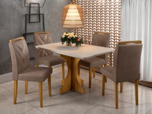 Mesa de Jantar Londres 1.20x0.80 Com 4 Cadeiras Califórnia – Cinamomo/Off White/Avelã