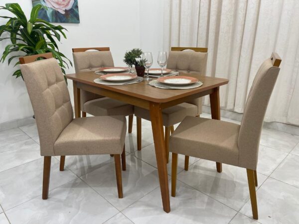 Mesa de Jantar Elegance 1.20x0.80 Com 4 Cadeiras Nicole – Cinamomo/Bege Linho