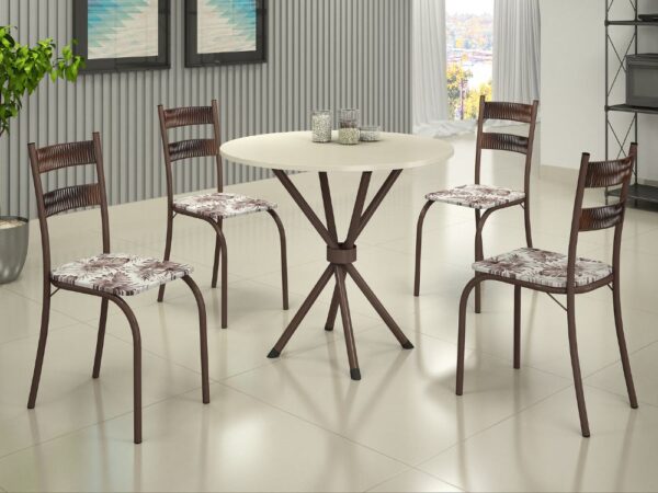 Conjunto Mesa Tubular Macaé Tampo Circular 0.75 Com 4 Cadeiras Ratam  - Marrom/Off White
