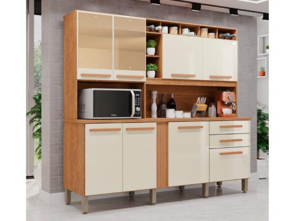 Armário Kit de Cozinha Antonella c/espelho 7 Portas 3 Gavetas - Cinamomo/Off White