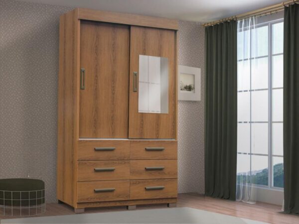 Guarda-Roupa Buzios 2 portas de correr com espelho 6 gavetas – Mel