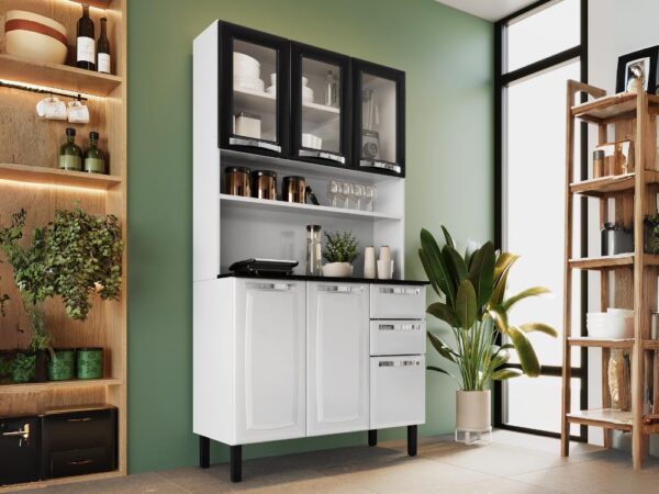 Armário Kit de Cozinha c/ Vidro 1,05m Pratika - Branco/Preto