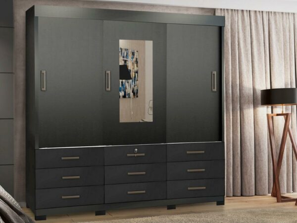 Guarda-Roupa Itapema 2,02m 3 portas de correr com espelho 9 gavetas- Preto