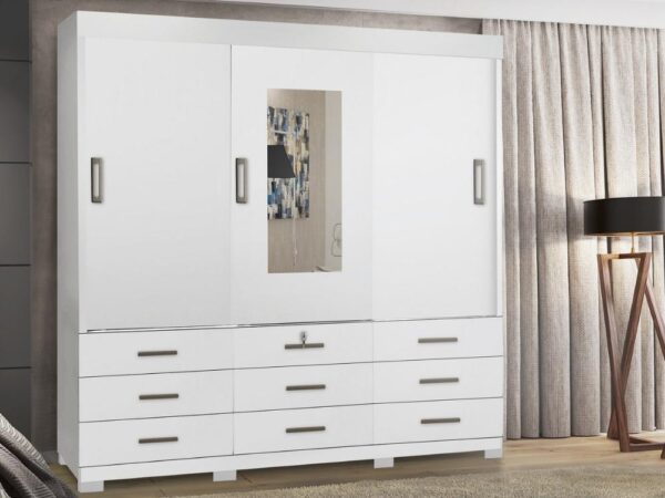 Guarda-Roupa Itapema 2,02m 3 portas de correr com espelho 9 gavetas – Branco