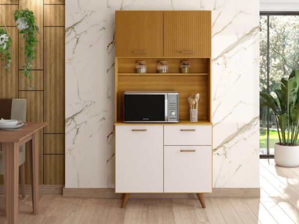 Armário de Cozinha Kit Izis 0,90m –  Freijó Ripado/ Off White