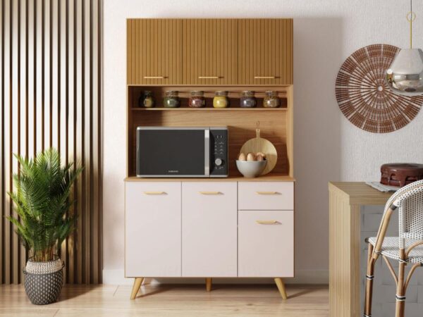 Armário de Cozinha Kit Lívia 1,10m –  Freijó Ripado/ Off White