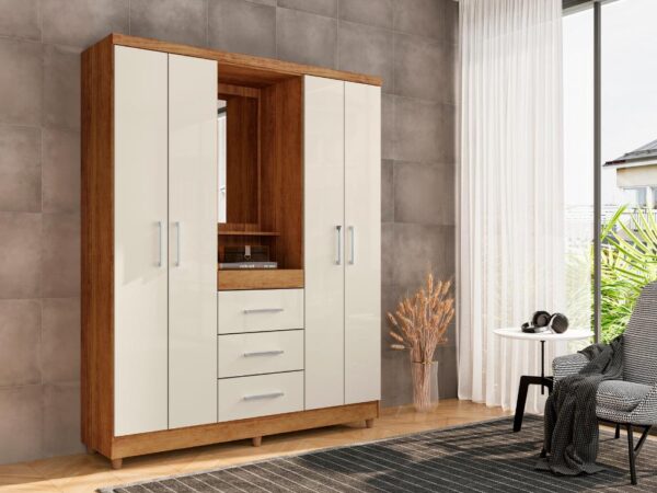 Guarda-Roupa Capelinha Lyon 4 portas com espelho – Cedro/Areia