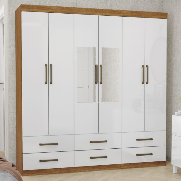 Guarda-Roupa 6 Portas(Com Espelho/Sem Pés)Dallas 1,53 m Freijó/Branco – CARIOCA MÓVEIS