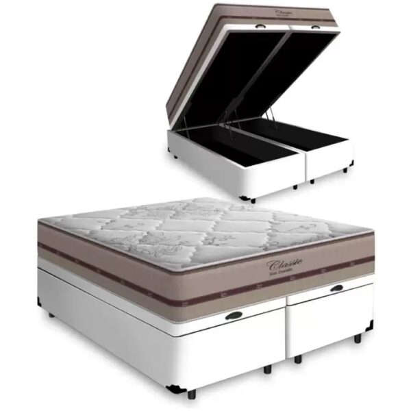 Colchão Queen Classic Ensacadas AG D70 Bege + Base Baú Avalon Branco – ANJOS + AVALON