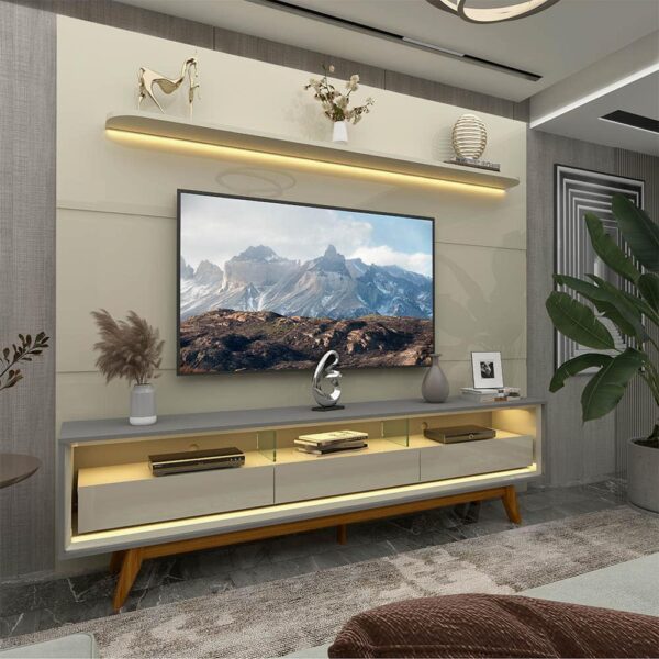 Painel Royal 220 Off White + Rack Requinte 212 Cinza/Off White - GELIUS