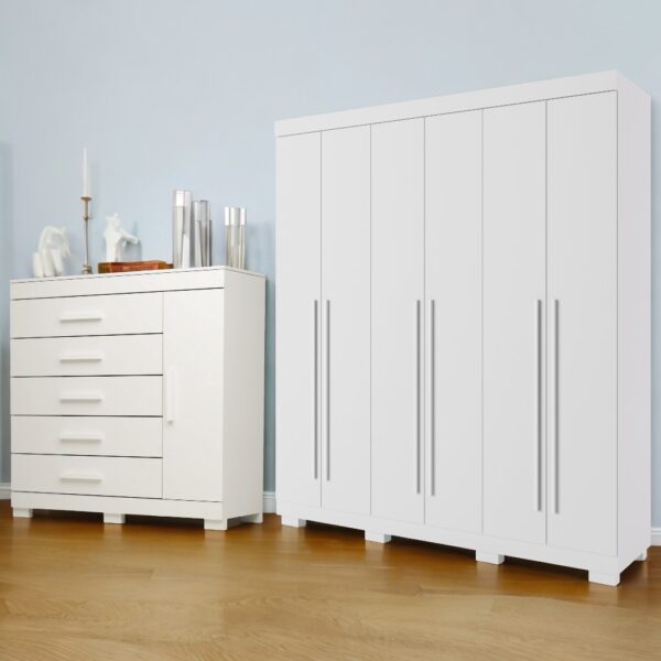 Guarda-Roupa 6 Portas Paolla + Cômoda Rayane Branco - ACP MÓVEIS