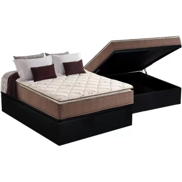 Colchão Casal Star Pillow In + Base Box Baú Corino Preto – ANJOS + BIOSTAR