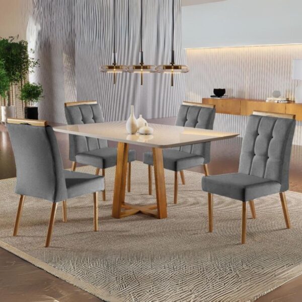 Mesa Emilly 120 Mel/Off White com 4 Cadeiras Emilly Mel/Veludo Grafite - HR MOVELARIA