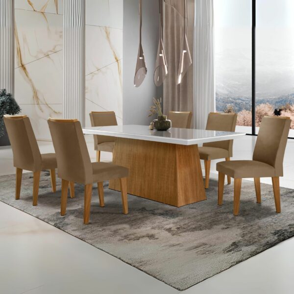 Mesa Luna 180 Canto Copo Imbuia/Ripado/Off White com 6 Cadeiras Lunara Veludo Capuccino – RUFATO