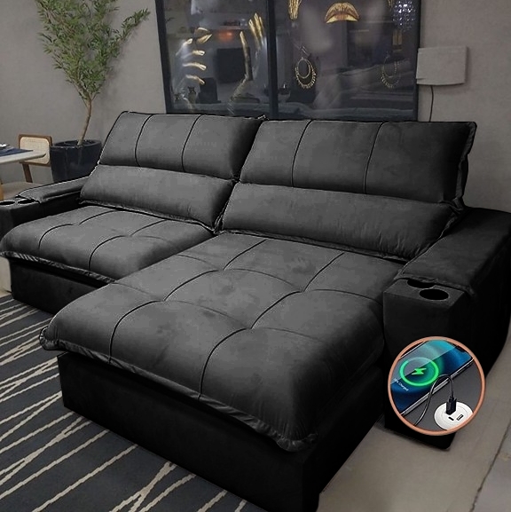 Sofá Retrátil e Reclinável Zeus/Afrodite 2,90 m Preto - ZARAT ESTOFADOS