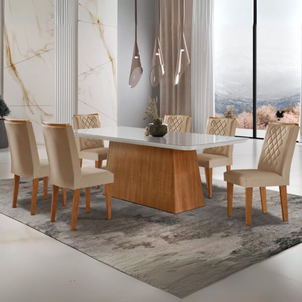 Mesa Luna 180 Canto Copo Imbuia/Ripado/Off White com 6 Cadeiras Jade Linho Turim 07 – RUFATO