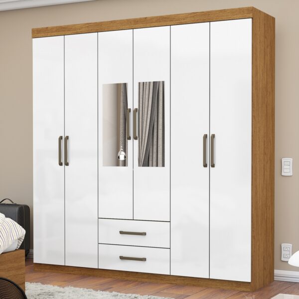 Guarda-Roupa 6 Portas(Com Espelho/Sem Pés)Áries Cinamono/Branco – CARIOCA MÓVEIS