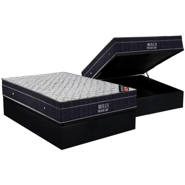 Colchão Casal Airtech Progressive D26 + Base Box Baú Avalon Preto – ORTOBOM + AVALON COLCHÕES