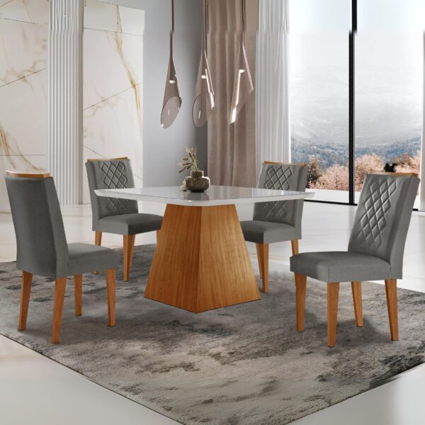 Mesa Luna 90 Canto Copo Imbuia/Ripado/Off White com 4 Cadeiras Jade Linho Grafite – RUFATO