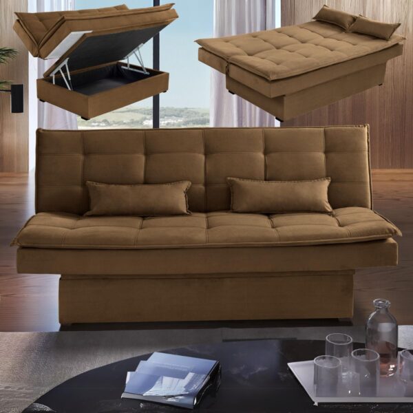 Sofá Cama Baú Búzios 1,82 m Veludo Marrom - LUXURY ESTOFADOS