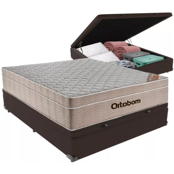 Colchão Casal Airtech Springpocket + Base Box Baú Corino Marrom – ORTOBOM + ALTO NÍVEL CAMAS E COLCHÕES