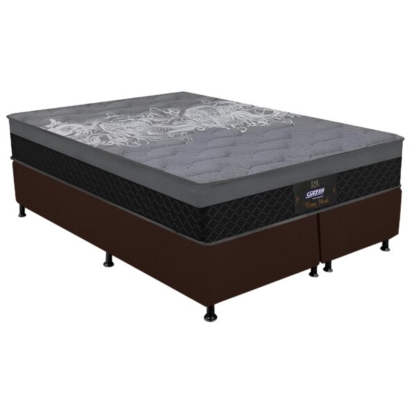 Colchão Queen New York + Base Box Simples Corino Marrom – GAZIN + ALTO NÍVEL