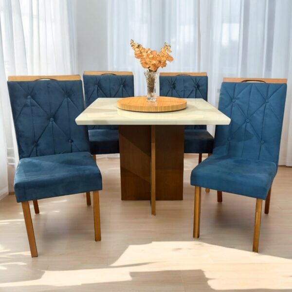 Mesa Salinas 120 Cinamomo/Off White com 4 Cadeiras Yasmim Veludo Azul – AVALON DECOR + KM DECOR