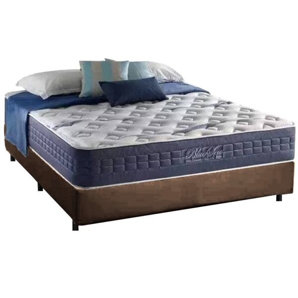 Colchão Casal Blue Sea D28 + Base Box Simples Corino Marrom – ANJOS COLCHÕES + BIOSTAR