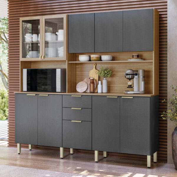 Kit Cozinha Amora 1,98 m Amêndola/Grafito Prime TX – DEMÓBILE