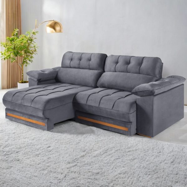 Sofá Retrátil e Reclinável Arezzo Comfort 2,50 m Veludo Cinza Grafite - SINGULAR ESTOFADOS