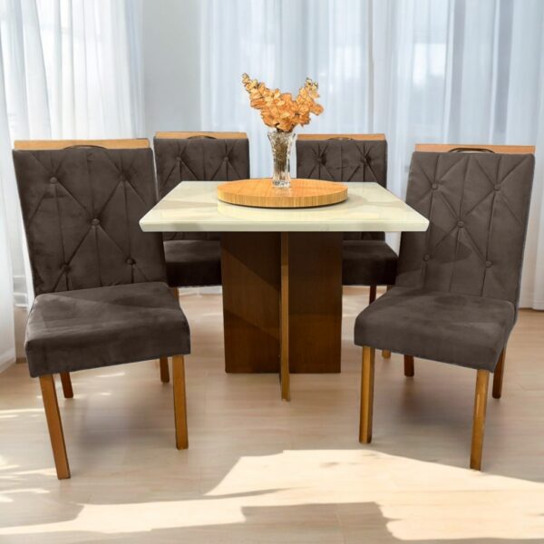 Mesa Salinas 120 Cinamomo/Off White com 4 Cadeiras Yasmim Veludo Marrom – AVALON DECOR + KM DECOR