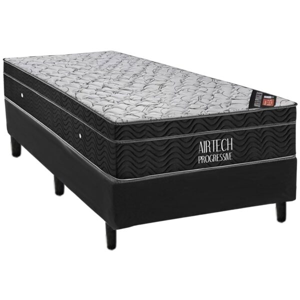 Colchão Solteiro Airtech Progressive D26 + Base Box Simples Corino Preto – ORTOBOM + ALTO NÍVEL CAMAS E COLCHÕES