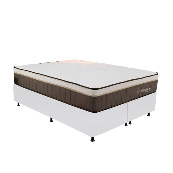 Colchão Queen Rondopremium Plus + Base Box Simples Corino Branco – RONDOMÓVEIS + ALTO NÍVEL CAMAS E COLCHÕES