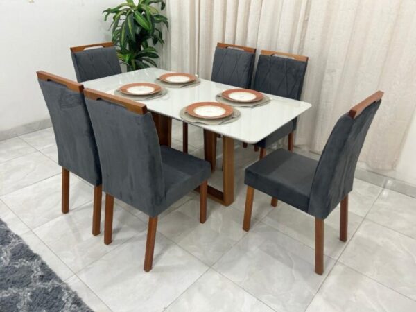 Mesa de Jantar Bali 1.60×0.80 Com 6 Cadeiras Califórnia – Cinamomo/Off White/Cinza