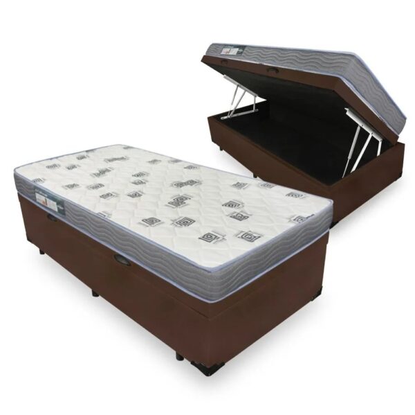 Colchão Solteiro Light D33 + Base Box Baú Corino Marrom – ORTOBOM + ALTO NÍVEL CAMAS E COLCHÕES