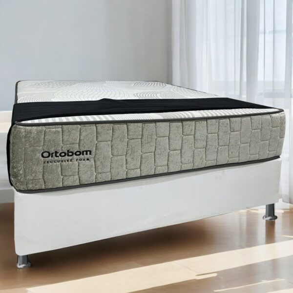 Colchão Casal Exclusive Foam D33 + Base Box Simples Corino Branco– ORTOBOM + BIOSTAR