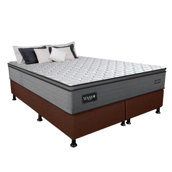 Colchão Queen Texas D28 + Base Box Simples Corino Marrom – GAZIN COLCHÕES + ALTO NÍVEL CAMAS E COLCHÕES