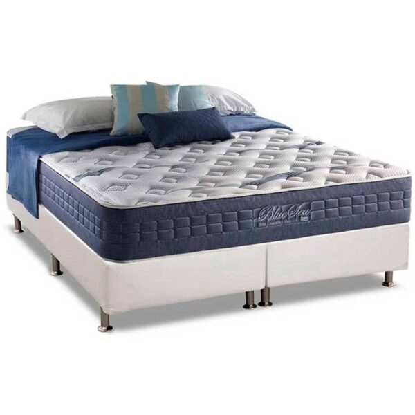 Colchão Queen Blue Sea D28 + Base Box Simples Corino Branco – ANJOS COLCHÕES + ALTO NÍVEL CAMAS E COLCHÕES