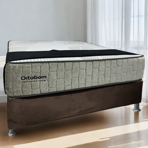 Colchão Casal Exclusive Foam D33 + Base Box Simples Corino Marrom – ORTOBOM + BIOSTAR