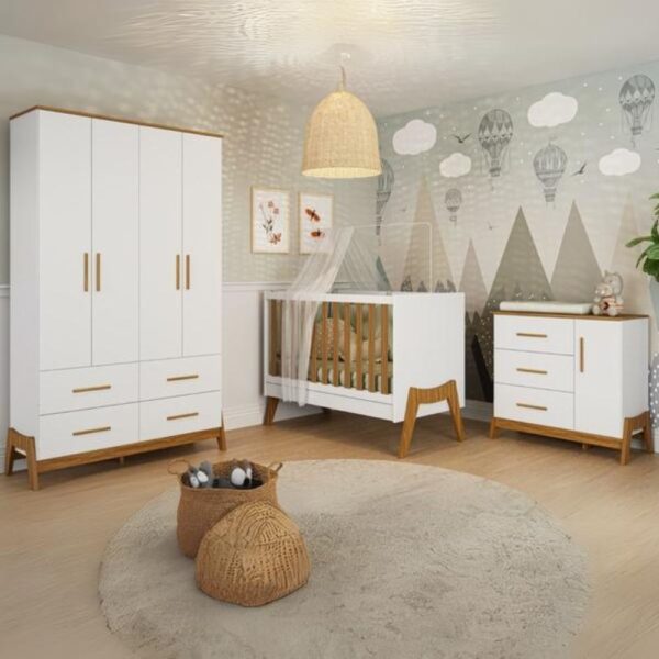 Guarda-Roupa 4 Portas + Cômoda + Berço Guti Retrô Branco Brilho/Amêndoa - PEROBA MÓVEIS