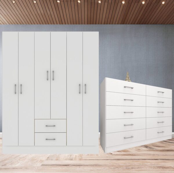 Guarda-Roupa 6 Portas Jamaica 6002 + Cômoda 10 Gavetas Caribe Branco – FELLICCI