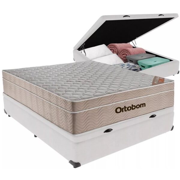 Colchão Casal Airtech Springpocket + Base Box Baú Corino Branco – ORTOBOM + ALTO NÍVEL CAMAS E COLCHÕES