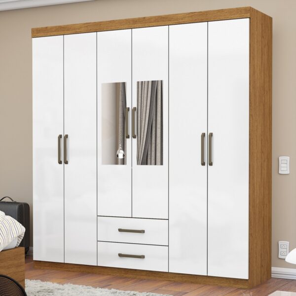 Guarda-Roupa 6 Portas(Com Espelho/Sem Pés)Áries Cinamono/Branco – CARIOCA MÓVEIS