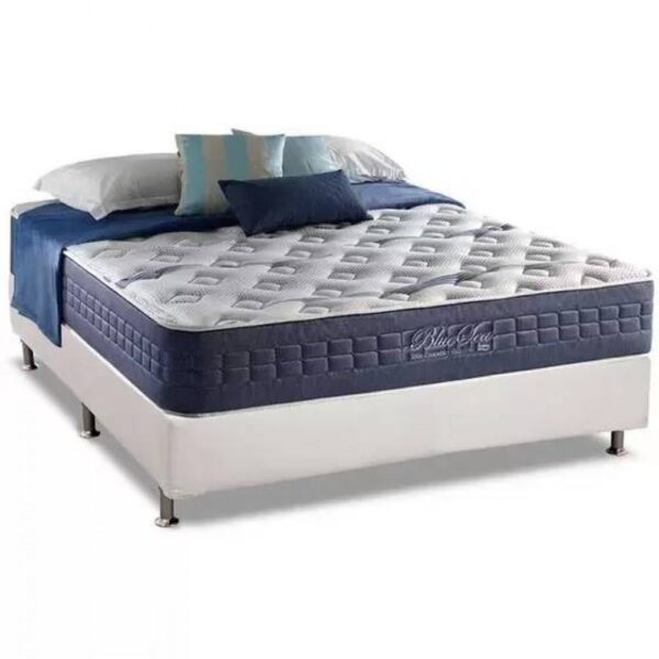 Colchão Casal Blue Sea D28 + Base Box Simples Corino Branco – ANJOS COLCHÕES + BIOSTAR