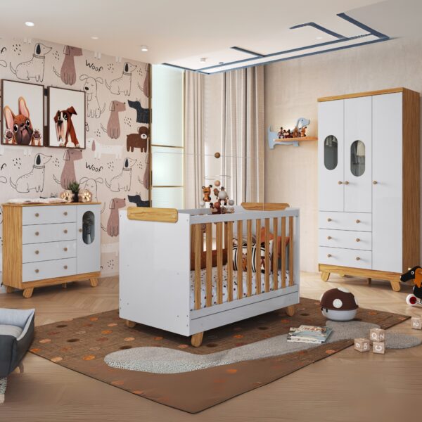 Guarda-Roupa 3 Portas + Cômoda + Berço Pingo Amêndoa/Branco Brilho - PEROBA MÓVEIS