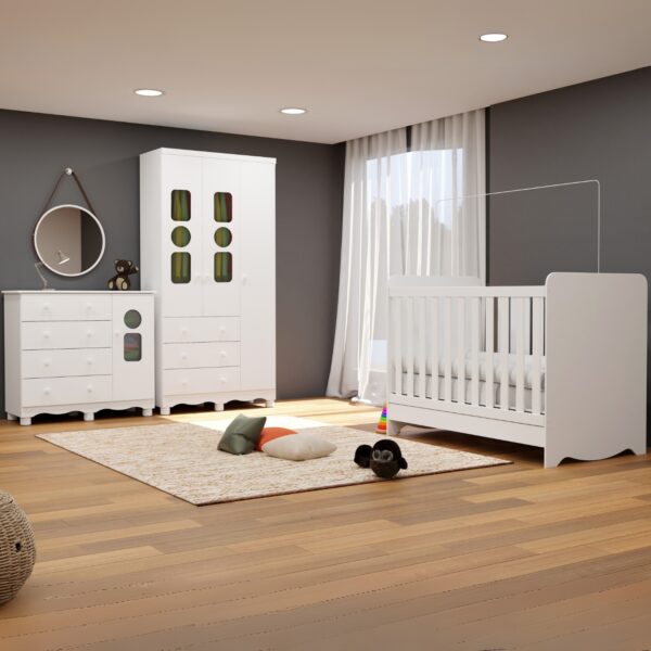 Guarda-Roupa 3 Portas Tedy + Berço Americano Ben + Cômoda Tedy Branco Brilho - PEROBA MÓVEIS